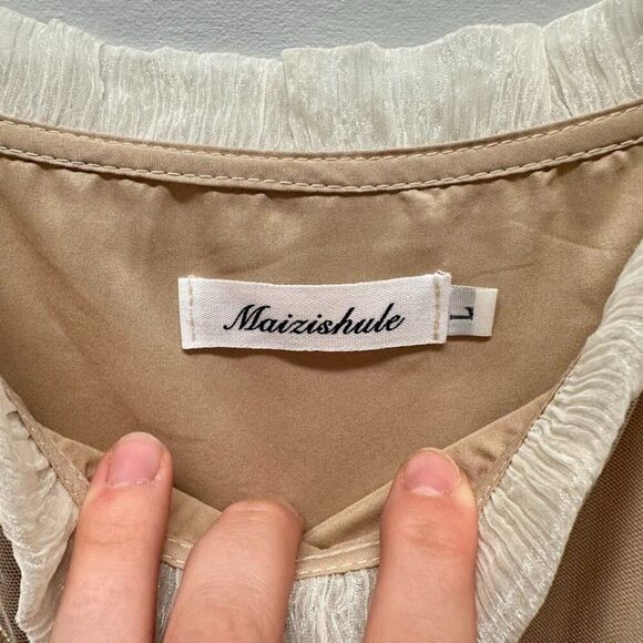 Maizishule Beige Floral Embroidered Midi Dress | Boho Sheer Long Sleeve Size L - Picture 15 of 16